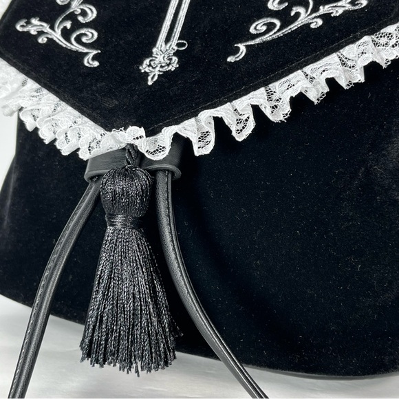 Dolls Kill Black Velvet Backpack White Embroidered Cross Drawstring Flap Bag - Picture 4 of 16